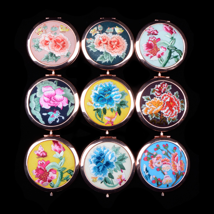 朝天化妆随身镜精品出国送礼刺绣中国风古风摄影 手绣镜子